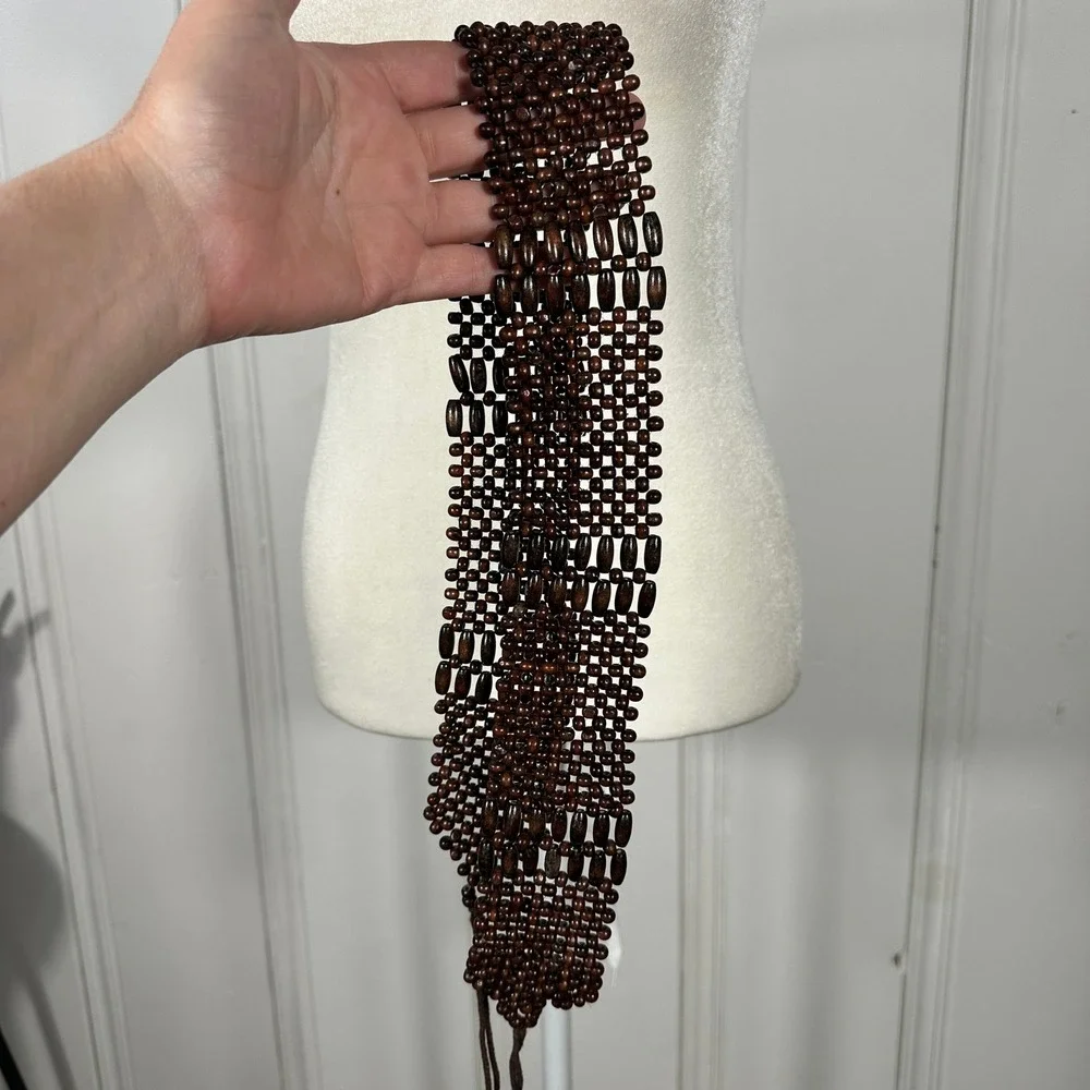 Vintage Brown Wooden Bead Wide Tie Belt Woven Boho Hippie Adjustable Waist